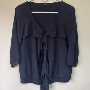 Glacier Navy Blue Tie Front Ruffle Blouse 3/4 Sleeve Smocked‎ Hem Top Large